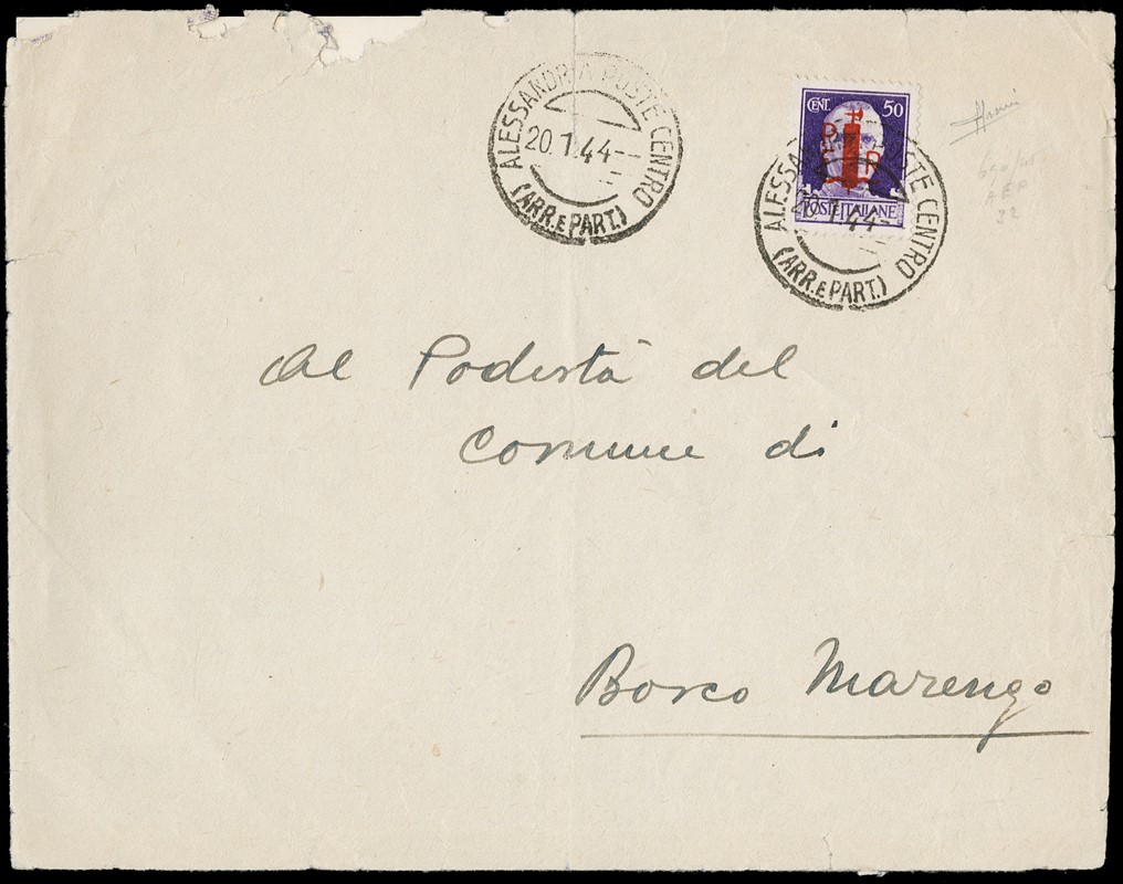 1945 - Alessandria, 50c on non philatelic cover po  (1944)  - Auction 12th Philatelic  [..]