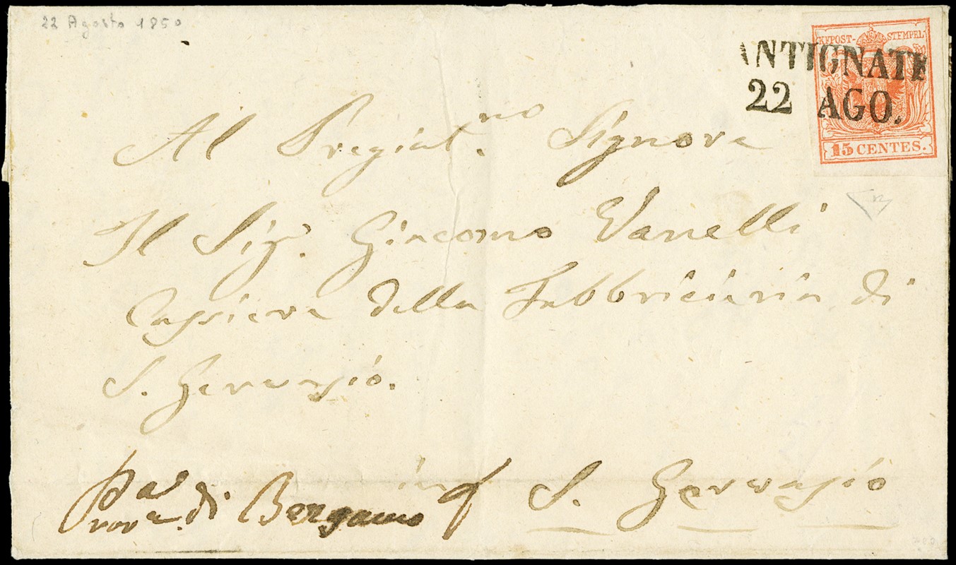 1850 - 15c red 1st type from &quot;ANTIGNATE 22 AGO.&quot; 5  (1850)  -  [..]