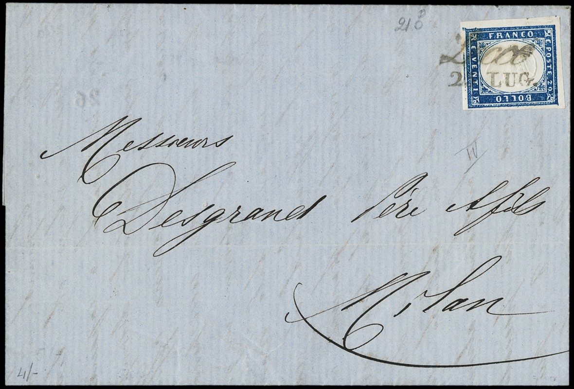 1859 - Sardegna 20c azzurro scuro da &quot;LECCO 25 LUG  (1859)  - Asta 12a  [..]