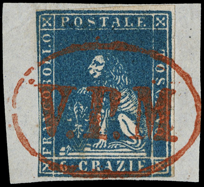 1857 - 6cr azzuro vivo (appena intaccato a sinistr  (1857)  - Asta 12a Asta Pubblica  [..]