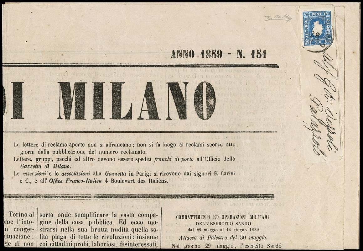 1859 - Francobolli per giornali (1,05s) azzurro an  (1858)  - Asta 12a Asta Pubblica  [..]